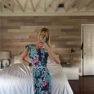 Blue and Pink Wrap Tie Front Midi Dress with Flutter Cap Sleeves